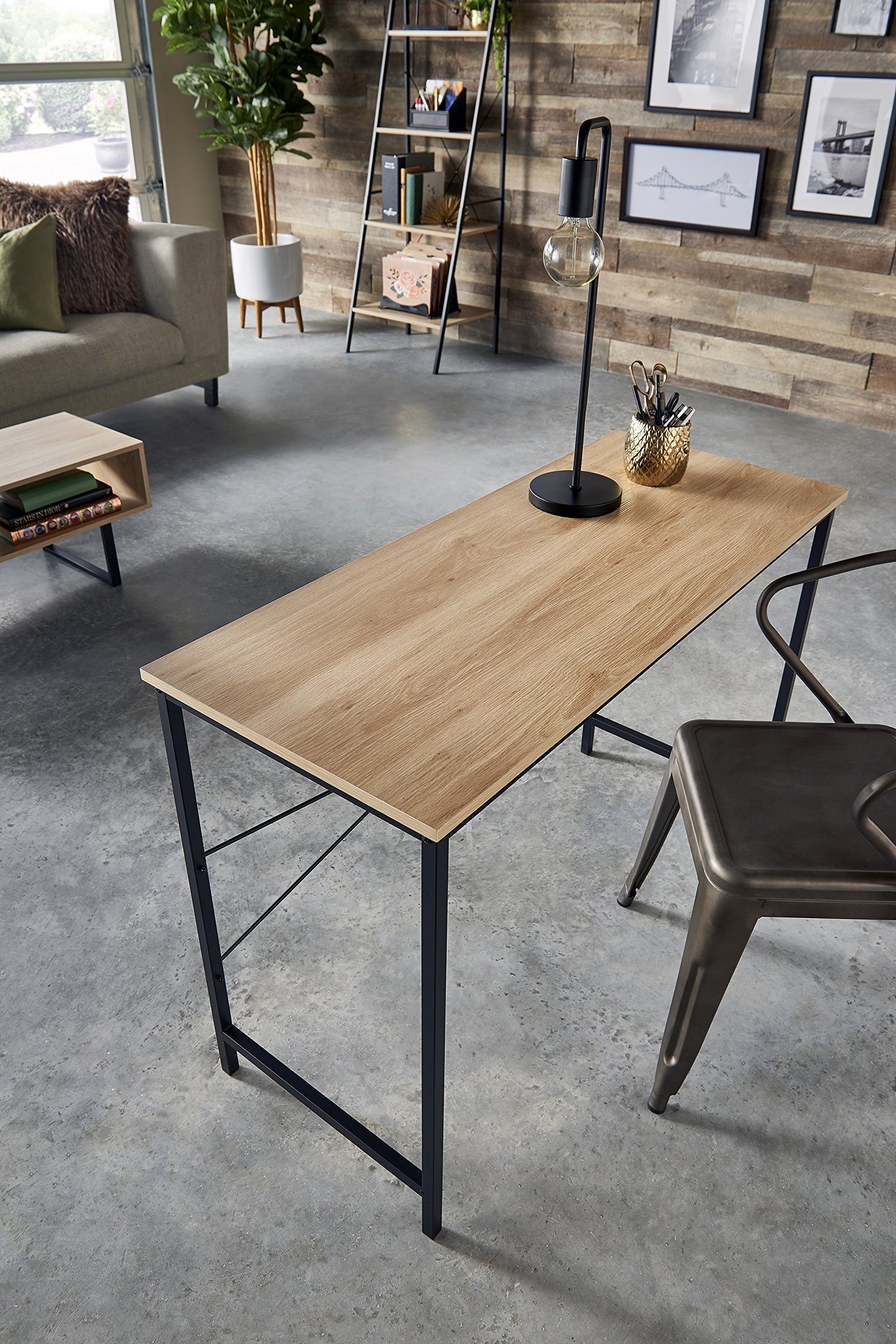 ClosetMaid Writing Desk or Console Table for Office, Entryway or Living Room, Industrial Modern Design, Wood with Black Metal Frame, Natural Finish