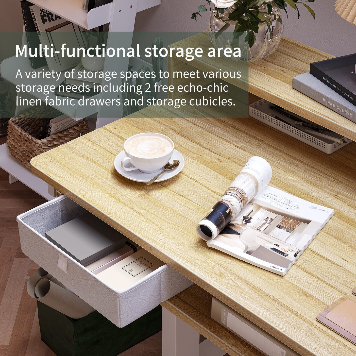 FEZIBO 63"x49" L Shaped Standing Desk with LED Strip & 2 Drawers, Upper and Lower Storage Shelves Available, Electric Height Adjustable, for Gaming, Office, Natural