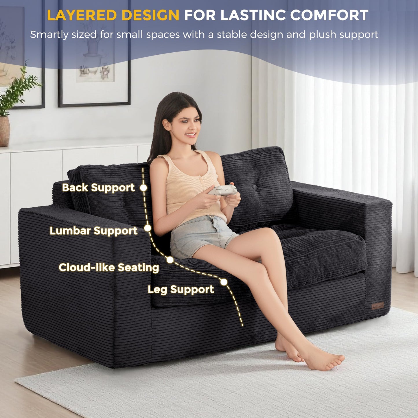 MAXYOYO Loveseat Sofa Couch, Upholstered Bean Bag Chair Cloud 2-Seat for Adults, Boneless Couch with Tufted Cushion & Pillows, Sofa in A Box, No Assembly Required, Black