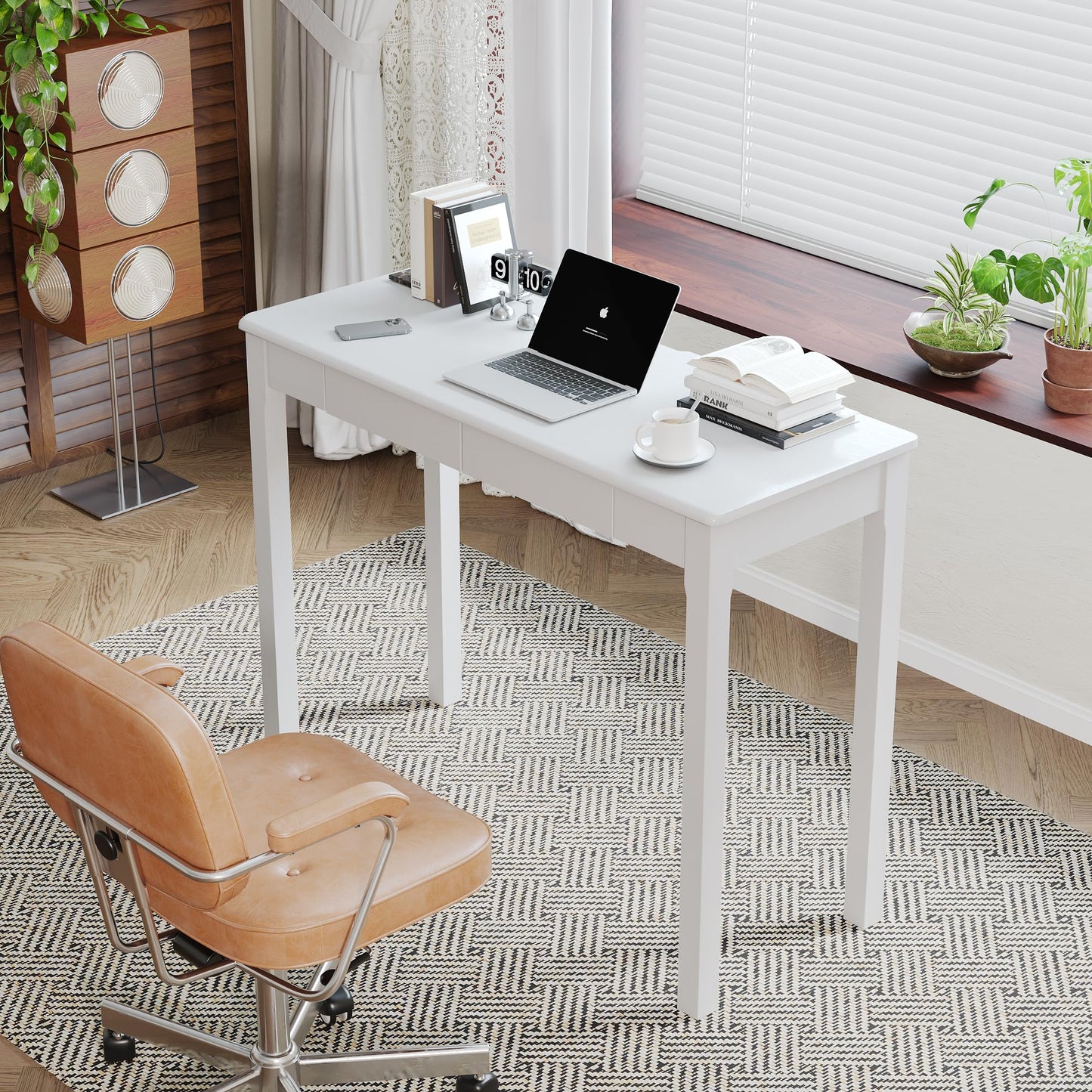 Love-KNPTUS Solid Wood Desk with Drawers - 39" Narrow Desks for Small Spaces, Mid Century Modern Desks, Small Wooden Vintage Computer Writing Desk, Study Table for Home Office Bedroom, White