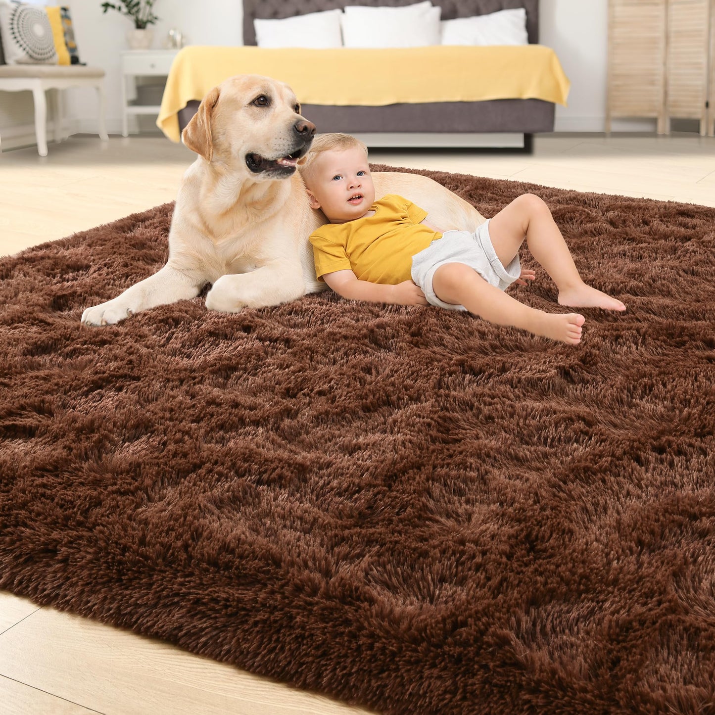 Tepook Super Soft Fluffy Rug for Bedroom, Modern Shaggy Fuzzy Kids Rugs for Living Room, Plush Indoor Nursery Home Decor Dorm Carpet with Non-Slip Bottom, Brown, 4 X 6 Feet