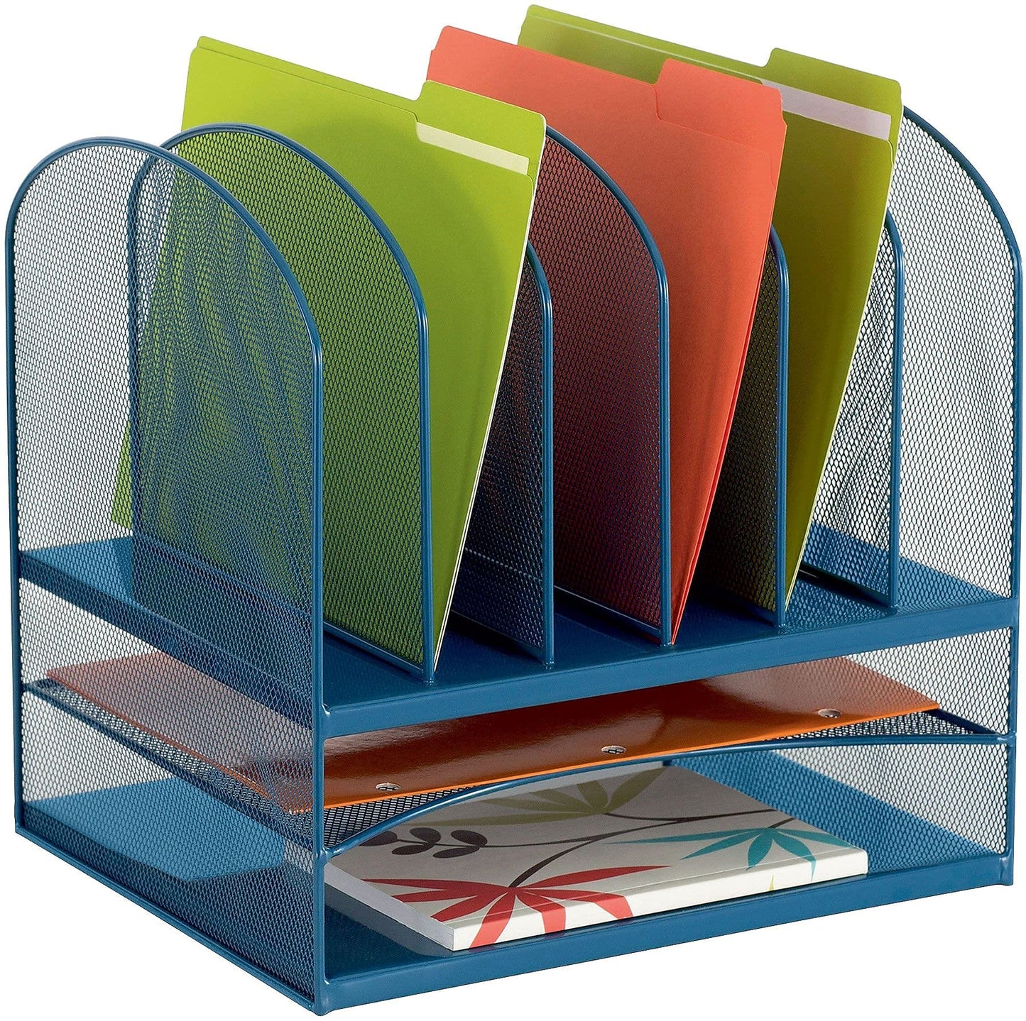 Safco Onyx Mesh 2 Tray, 6 Sorter Desktop Organizer 3255BU, Blue Powder Coat Finish, Durable Steel Mesh Construction, Space-Saving Functionality