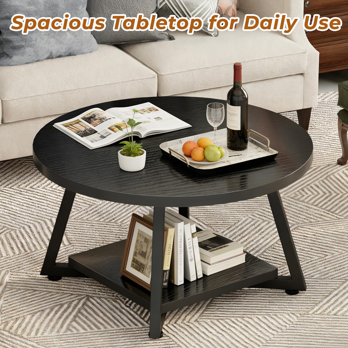 Round Coffee Table for Living Room, 27.6“ Circle Coffee Table, 2-Tier Industrial Coffee Tables with Storage, Wood Coffee Table, Modern Accent Table for Apartment, Office, Small Space, Black