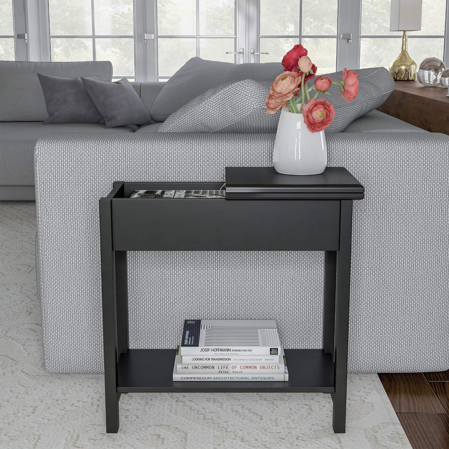 Lavish Home Flip Top End Table - Narrow End Table and Slim Console with Storage Compartment and Lower Shelf for Living Room, Hallway, Entryway and Small Spaces (Black)