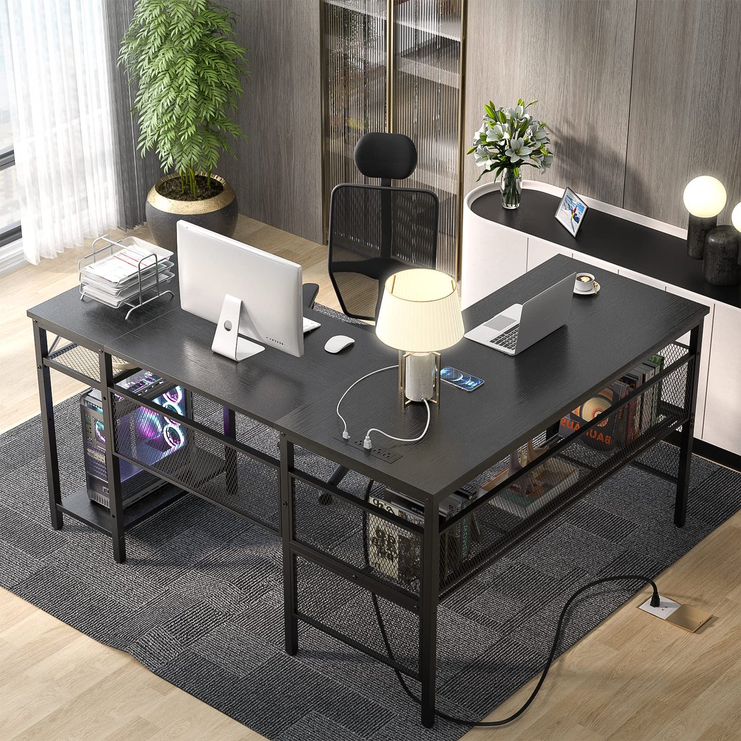 Unikito L Shaped Desk with USB Charging Port and Power Outlet, Reversible L-Shaped Corner Computer Desk with Storage Shelves, Industrial 2 Person Long Gaming Table Modern Home Office Desk, Dark Black