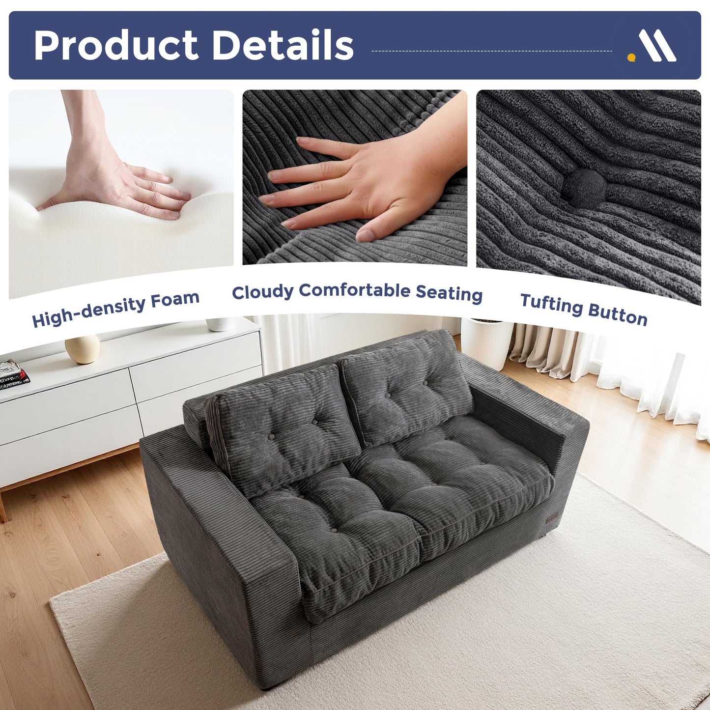 MAXYOYO Loveseat Sofa Couch, Upholstered Bean Bag Chair Cloud 2-Seat for Adults, Boneless Couch with Tufted Cushion & Pillows, Sofa in A Box, No Assembly Required, Dark Grey