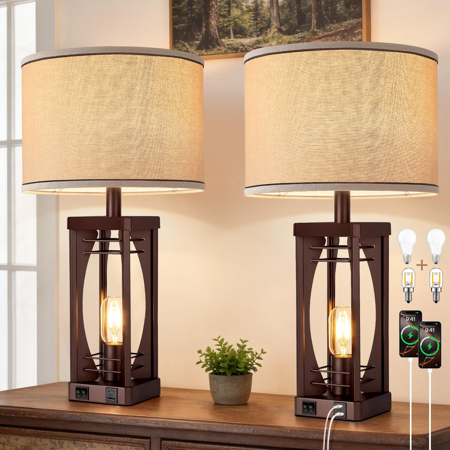 SRJJA Farmhouse Table Lamps Set of 2 for Living Room, Rustic Bedside Nightstand Lamps with USB A+C Charging Ports, 22.5" Dual Light Industrial Table Lamp with Linen Shade for Bedroom End Tables
