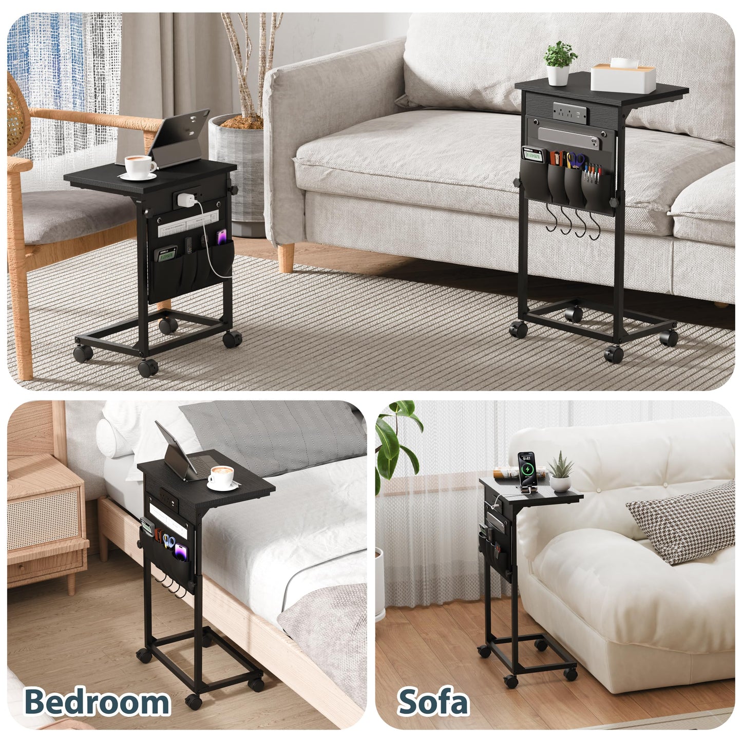 DENYKO Adjustable Height Couch Table with USB-C Charging Station & Pocket Storage – Compact Couch Stand with Hooks & Wheels for Small Spaces & Living Room, Adjustable C Table (Black)