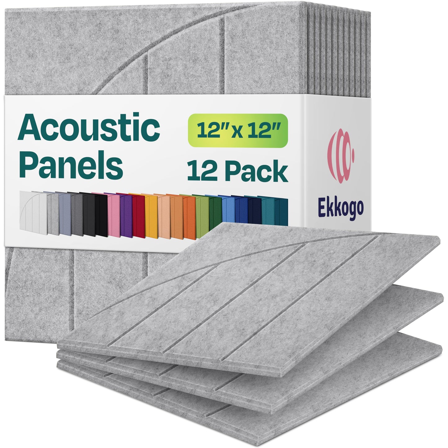 Ekkogo Acoustic Panels 12-Pack Soundproof Wall Panels 12"x12"x0.4" Decorative Sound Dampening for Your Home, Office, Studio, Bedroom & More with Unique ModuArc Carving [Smoky White]