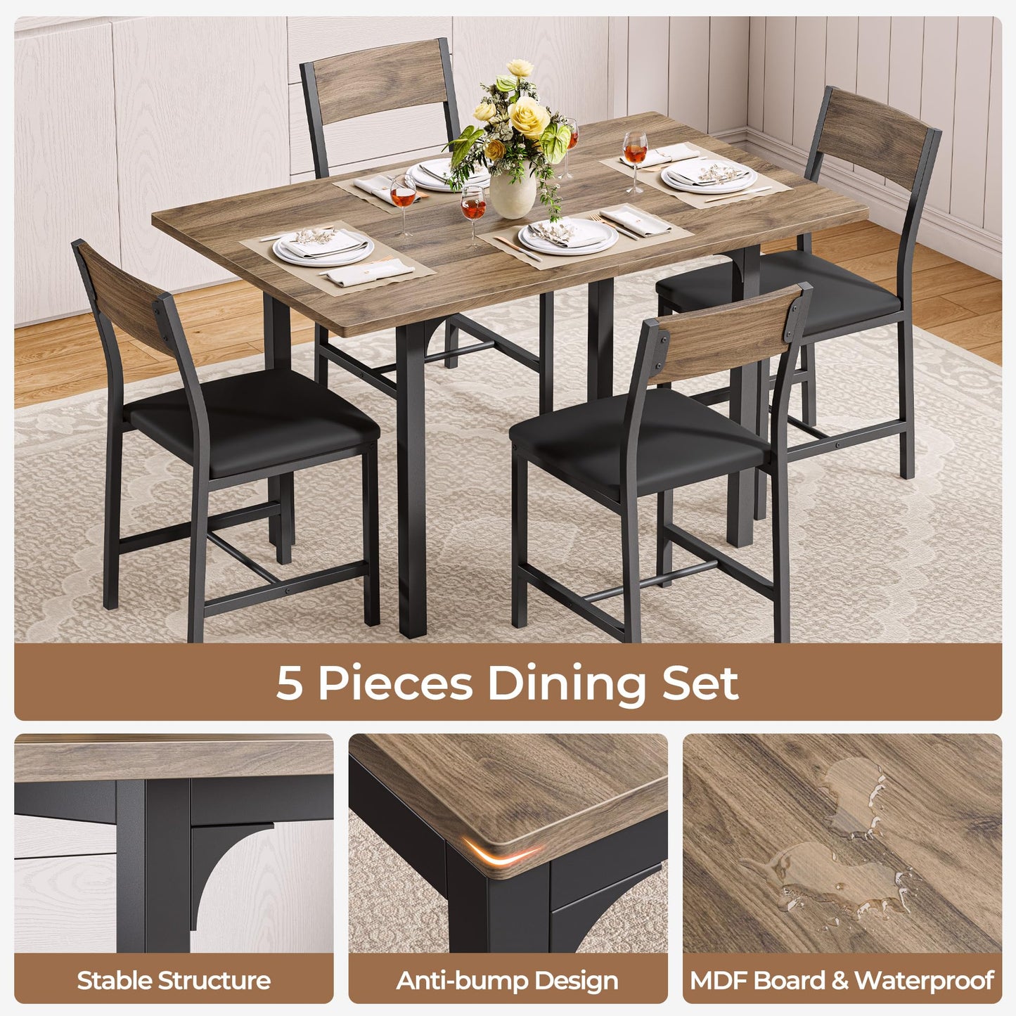 IRONCK 5-Piece Dining Table Set for 4, Extendable Kitchen Table Chairs Set of 4, Dining Room Table with 4 Upholstered Chairs, Folding for Small Space, Apartment, Walnut