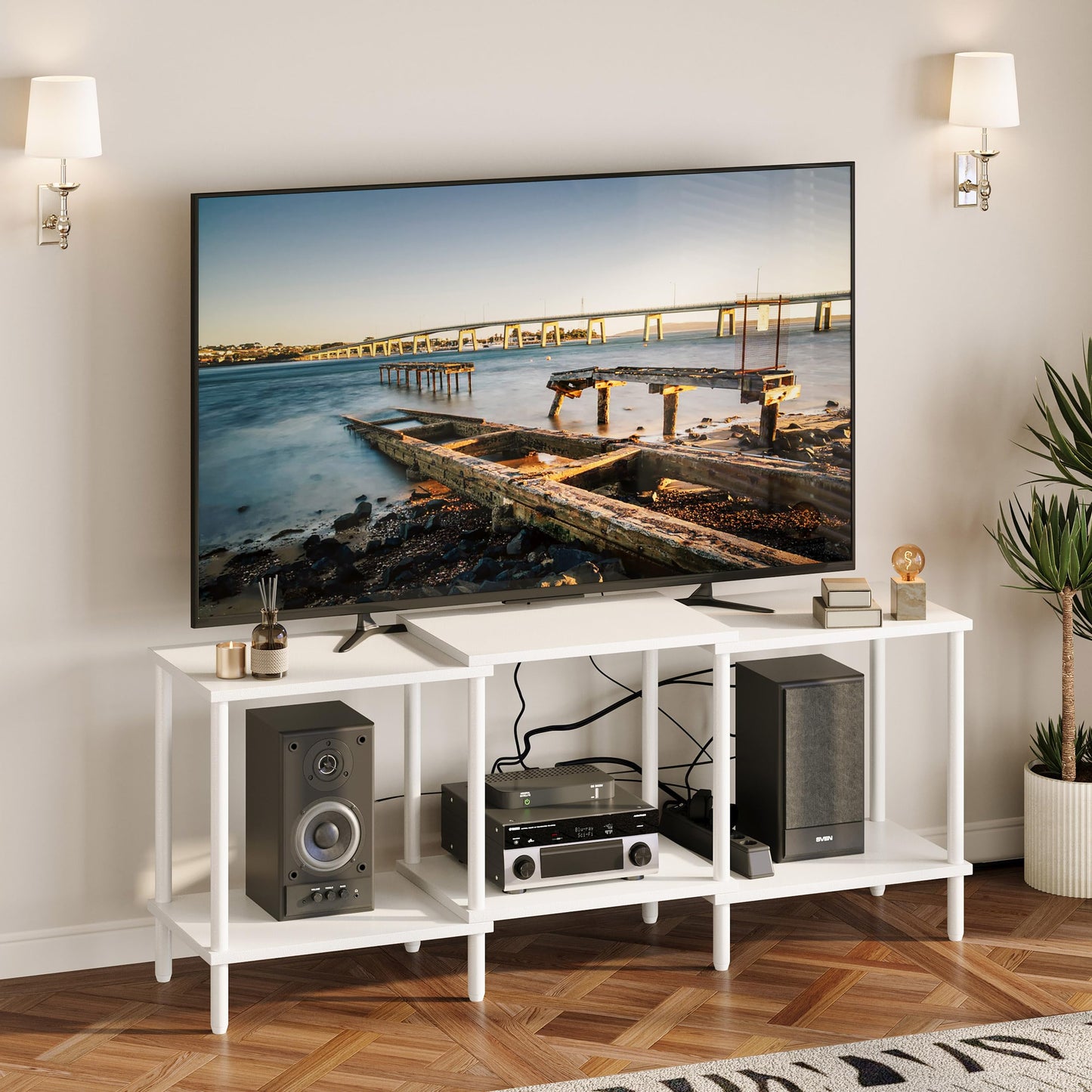 YAUKTAK TV Stand, Entertainment Center, Industrial TV Media Console Table with Open Storage Shelves, 2 Tier TV Cabinet for Living Room, Bedroom LTS107W