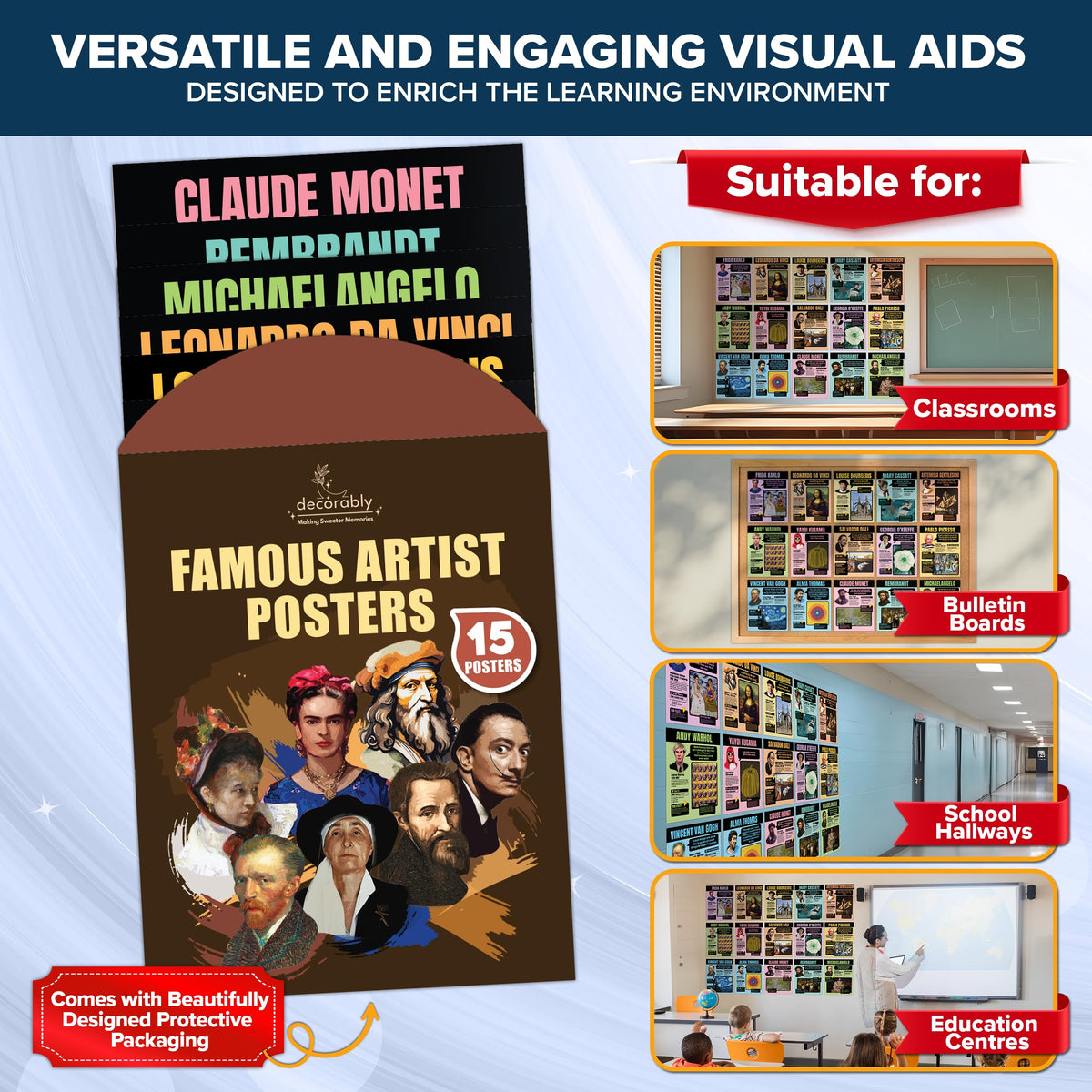 Decorably 15 Famous Art Posters, 11x14in Matte-Laminated Educational Art Posters for Classroom Famous Artists - Classrooms, School Hallways, Bulletin Boards, Education Centers, Home Study Room