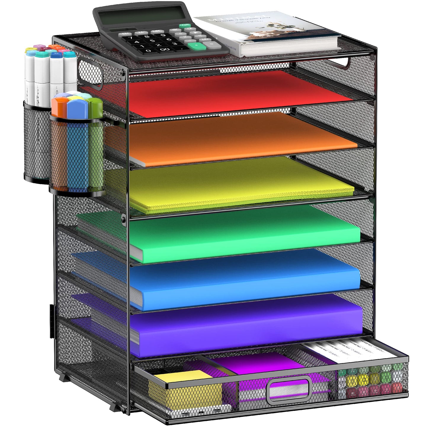 8 Tier Paper Letter Tray Organizer with Handles, Mesh Desk File Holder Storage Organization for Home School Classroom & Office (Black-with Drawer,Pen Holders)