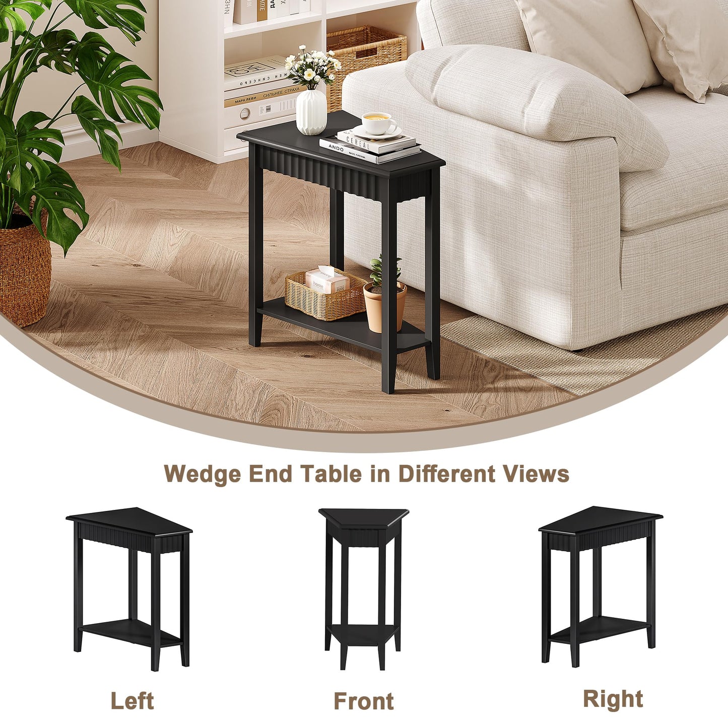 ChooChoo Wedge End Table, Narrow Triangle Side Table with 2-Tier Storage Shelf, Fluted Recliner Side Table for Corner, Living Room, Bedroom, Small Space, Black
