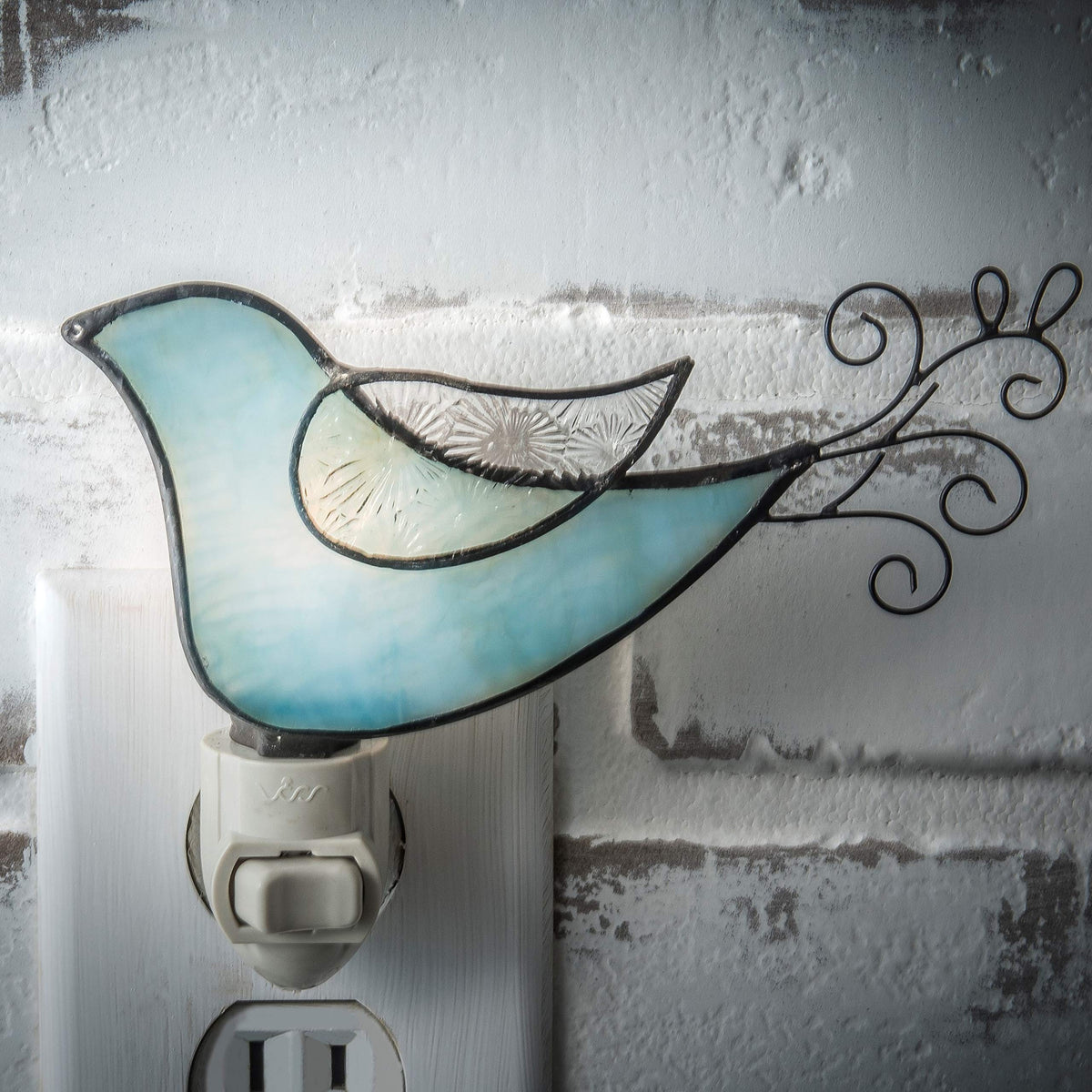 J Devlin Glass Art Blue Stained Glass Bird Night Light – Whimsical Nursery, Bedroom, or Bathroom Décor
