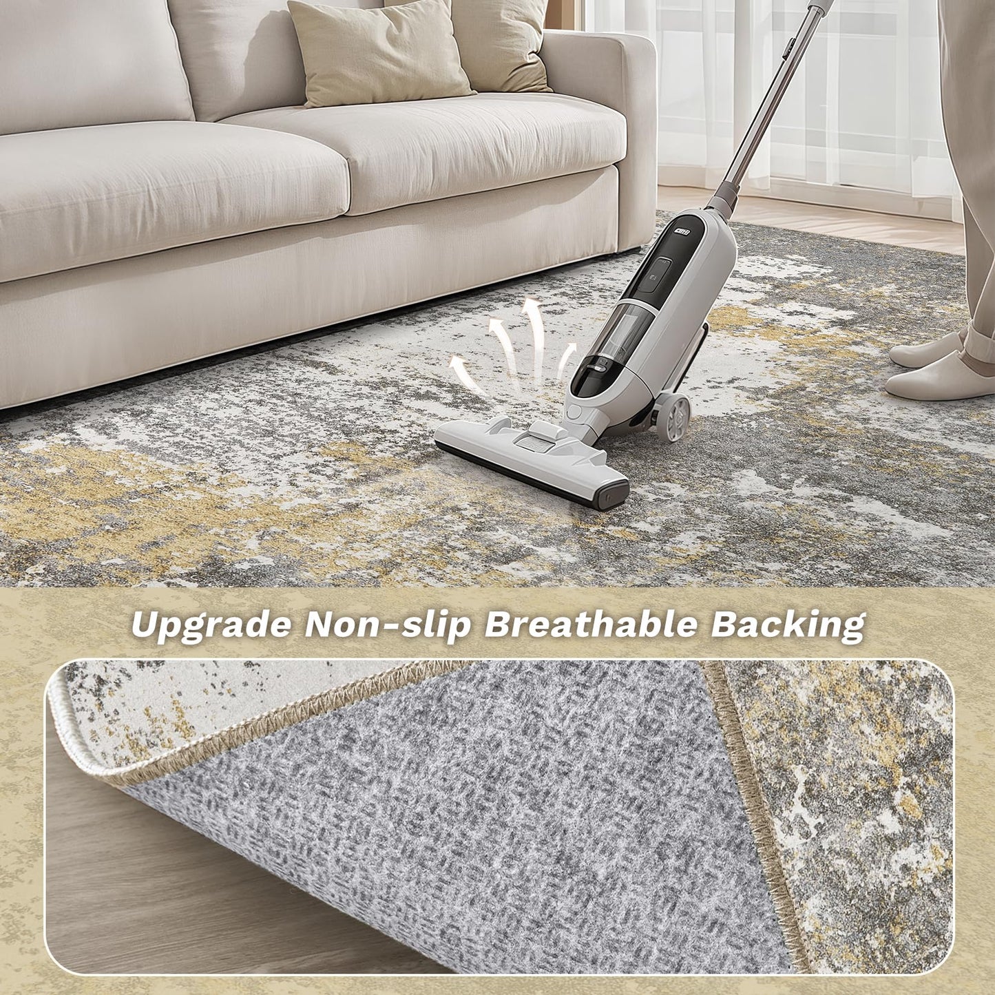 Micgeek Area Rug Living Room - 9X12 Abstract Washable Large Soft Foldable Non Slip Rug Neutral Modern Low Pile Carpet for Bedroom Nursery Dining Room Farmhouse Home Office Indoor - Grey Gold