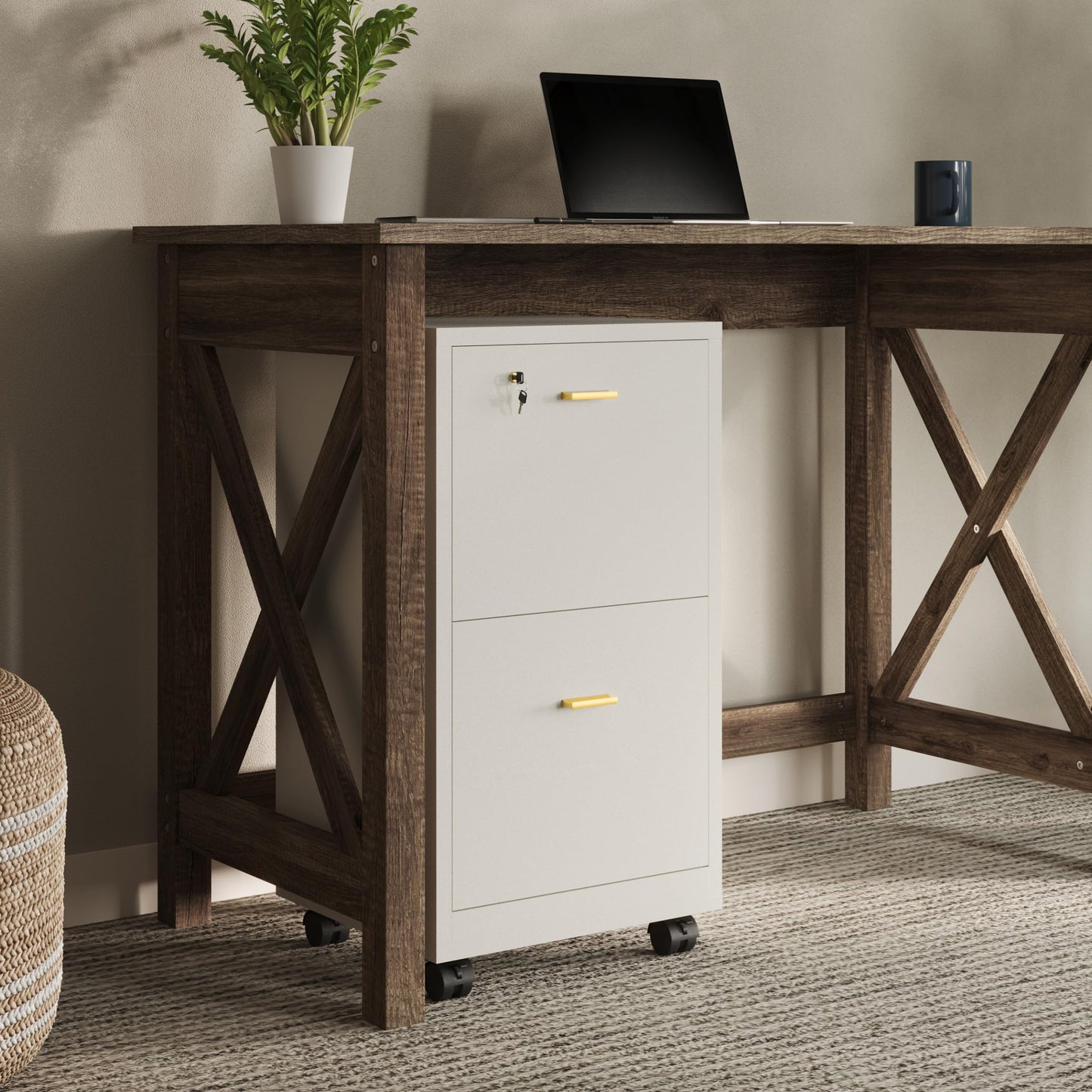 Lavish Home 2 Drawer File Cabinet - Filing Cabinet with Lock - Rolling File Cabinet for Under Desk Storage - Wood Filing Cabinet for Home or Office Organization (White)