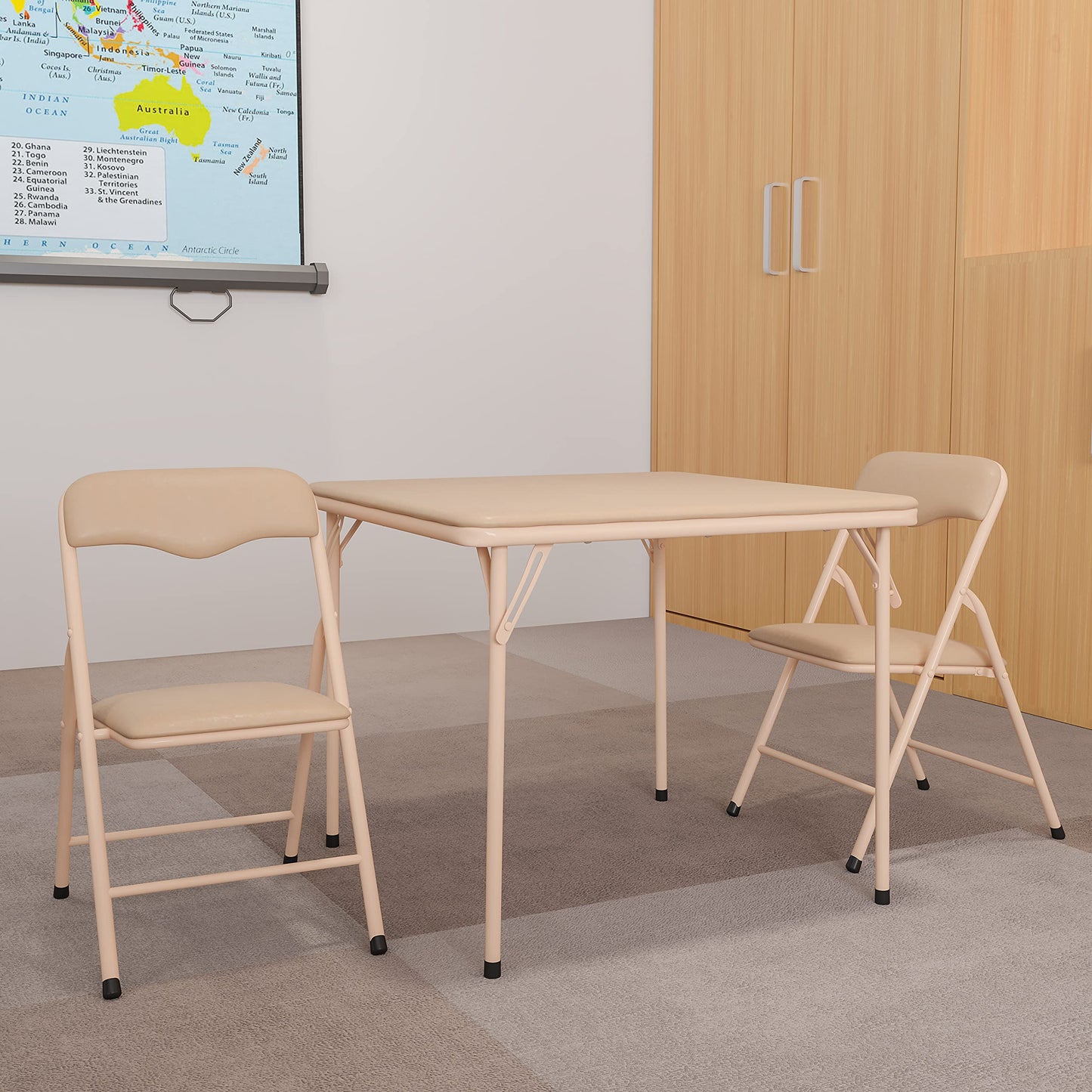 Flash Furniture Mindy Kids 3-Piece Folding Square Table and Chairs Set for Daycare and Classrooms, Children's Activity Table and Chairs Set, Tan