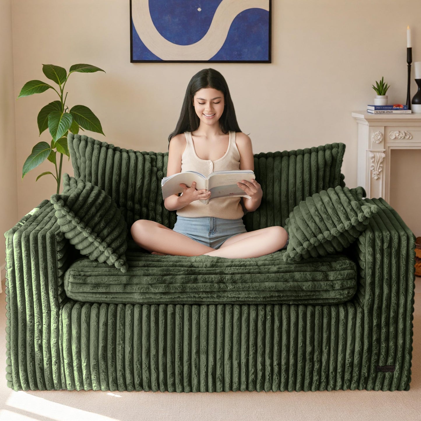 MAXYOYO 59" Bean Bag Sofa Couch, Loveseat Boneless Couch in a Box, Upholstered Small Mini Sofa with Deep Seating for Living Room Bedroom Office Apartment, No Assembly, Dark Green