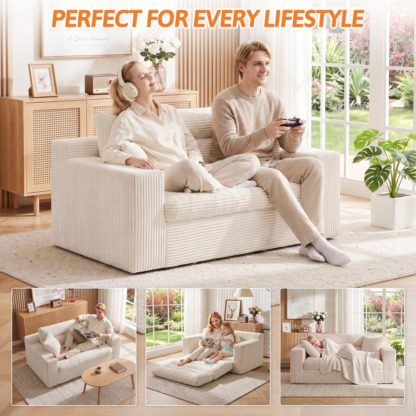 Erament Boneless Loveseat Sofa Couch, 2 in 1 Convertible Sofa Bed with Pillows, Fold Out Bean Bag Chair Boneless Floor Couch for Living Room Bedroom Office Lounge Apartment, No Assembly Needed, Beige