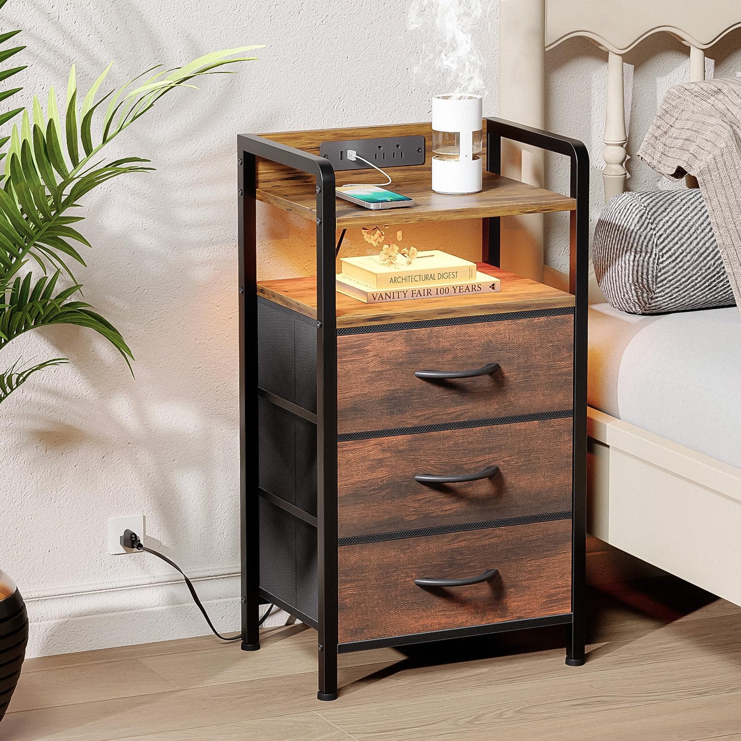Lazzanto Night Stand Bedside Table Bedroom - Nightstand with Charging Station & LED Light Strip, Bed Side End Table with Storage Shelf & 3 Fabric Drawers, U-S-B Ports & AC Outlets, Rustic Brown