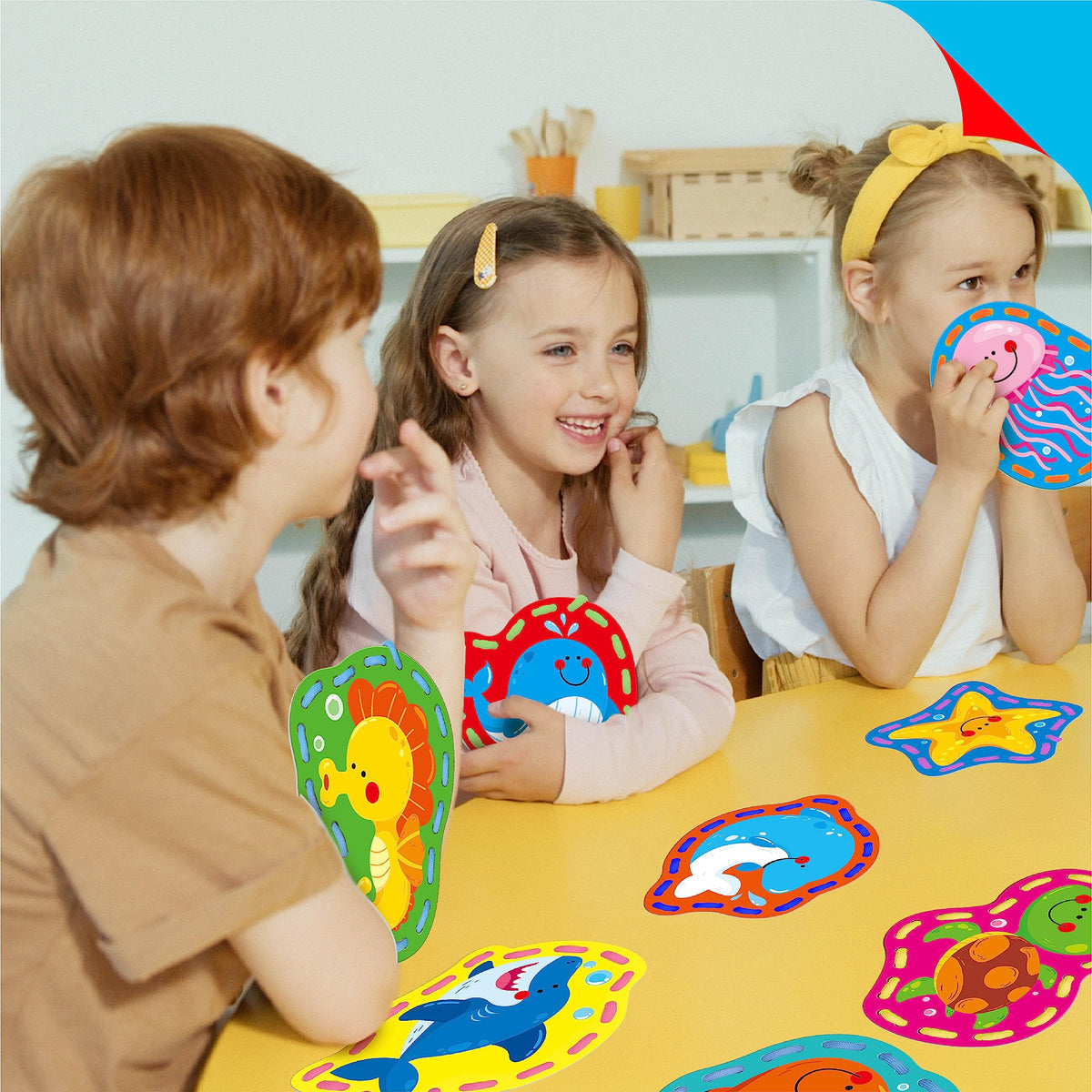 9 Pieces Kids Lacing Cards, Double Sided Sewing Cards in 9 Marine Animal Cards with 9 Colorful Laces, Imagination Development Lacing Toys Games for Children Educational and Learning Activity