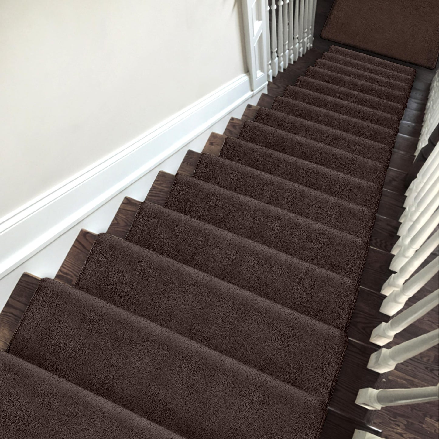 PURE ERA Carpet Stair Treads Ultra Plush 9.5" X 30"Soft Bullnose Indoor Stair Protectors Pet-Friendly Non-Slip Skid Resistant Tape Free Washable Reusable(2 Pieces,Dark Brown)