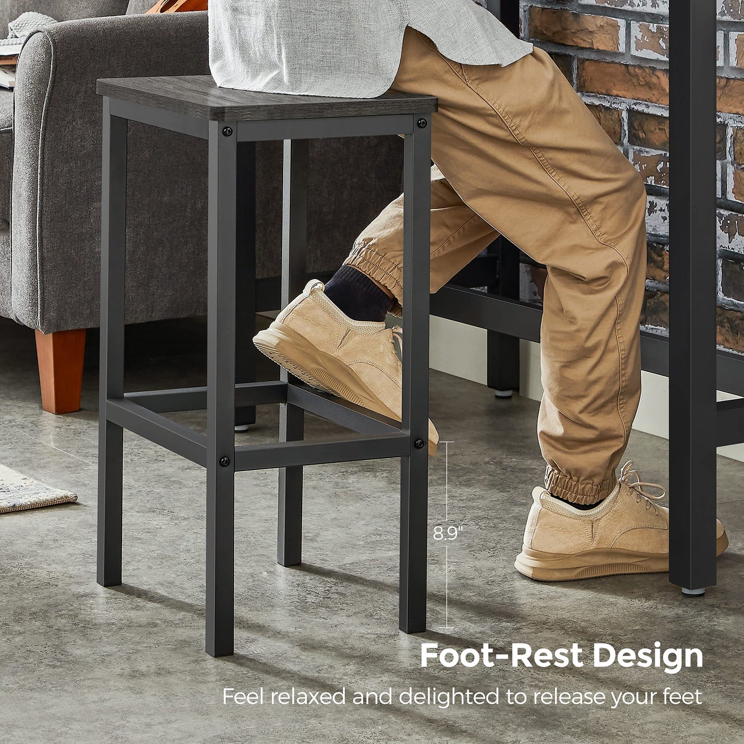 VASAGLE Bar Stools Set of 2, Bar Chairs, Kitchen Breakfast Bar Stools with Footrest, 25.6 Inch Tall, Industrial in Living Room, Party Room, Charcoal Gray and Black ULBC065B04