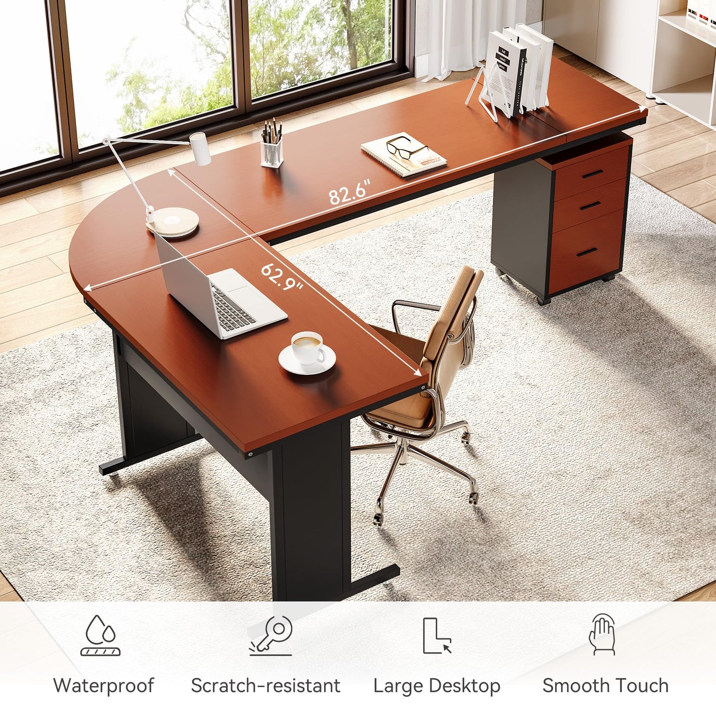 LITTLE TREE 82.67" Long Executive Desk with Drawers, Large L-Shaped Office Desk with Mobile File Cabinet, Farmhouse Computer Office Furniture Workstation with Storage for Home Office, Red Brown