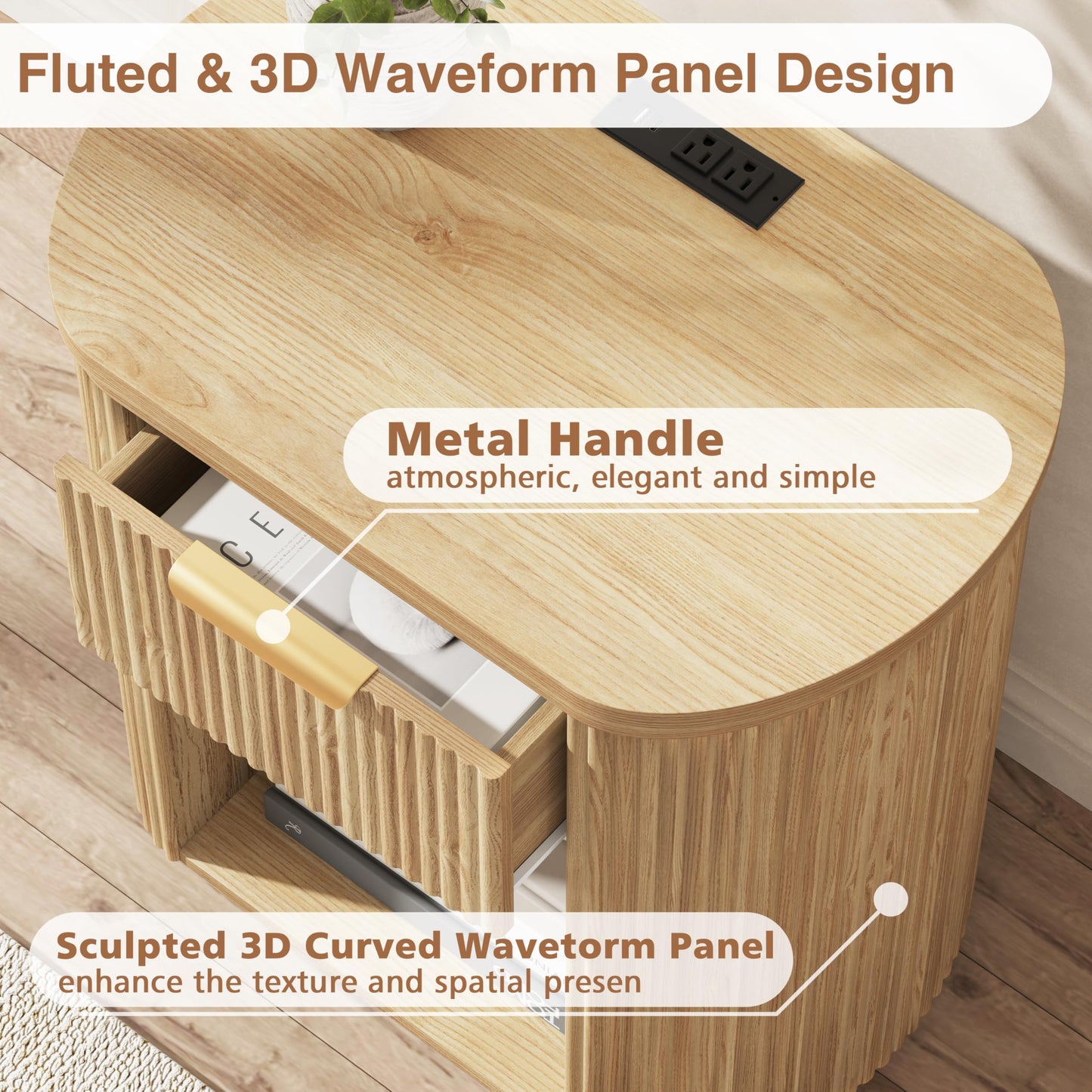 Fluted Nightstand with Charging Station, 23.6" Large Bedside Side Table with Drawer, Wood End Table with Storage, Curved Round Corner, Furniture Bedroom Sofa, Mid Century Modern, Farmhouse Boho,Oak