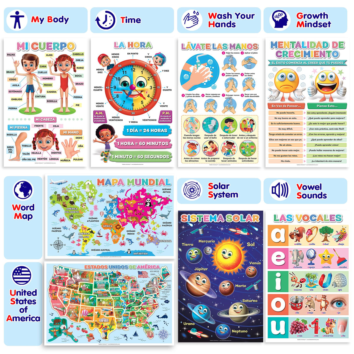DeeDee's Workshop 16 Spanish Classroom Posters - Spanish Learning for Kids, Abecedario para Niños en Español, Days of the Week & Calendar