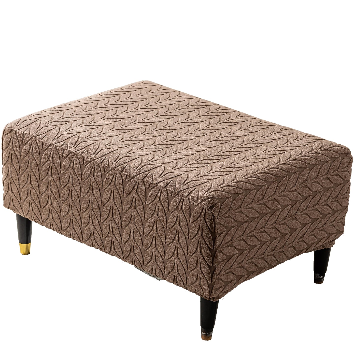 KaviKon Stretch Ottoman Cover Rectangle, Jacquard Foot Stool Slip Cover,Storage Footstool Furniture Protector with Elastic Band,Footrest Slipcovers Removable Washable(Small,Herringbone Coffee)