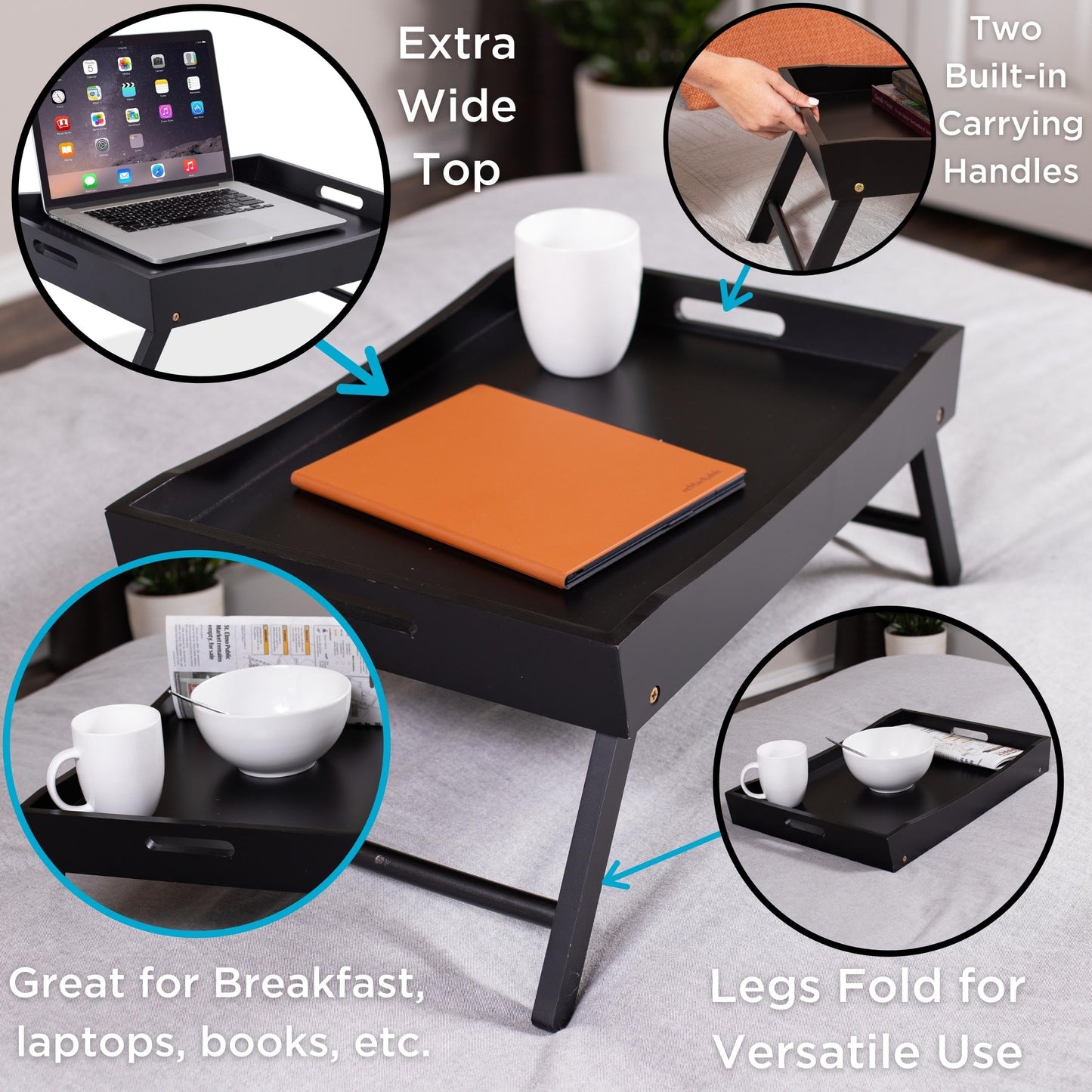BIRDROCK HOME Wood Bed Tray for Eating, Folding Lap Desk with Handles, Black