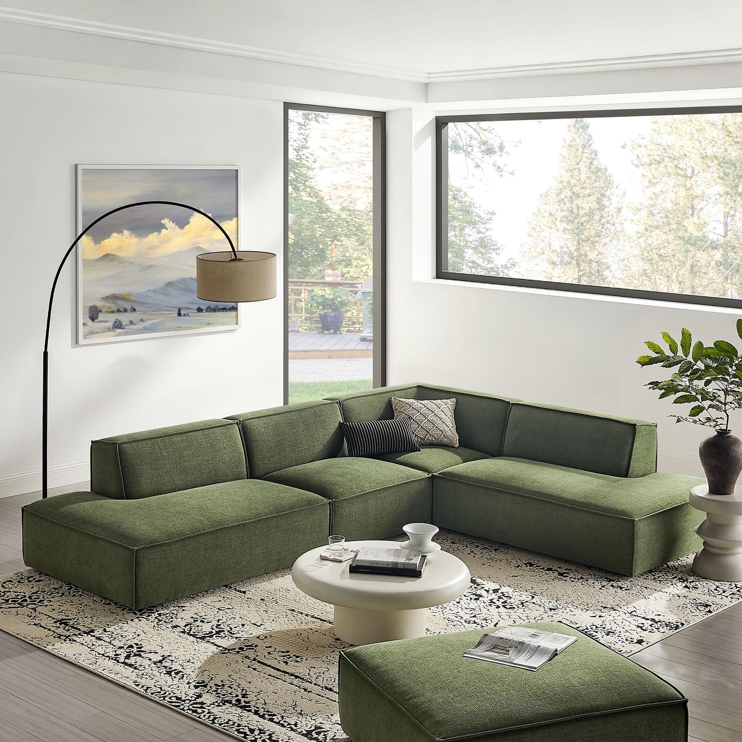 Modway Restore Performance Fabric Upholstered 4-Piece Modular L-Shaped Armless Sectional Sofa in Foliage – Low Profile Couch with Coil Seat Support and French Piping