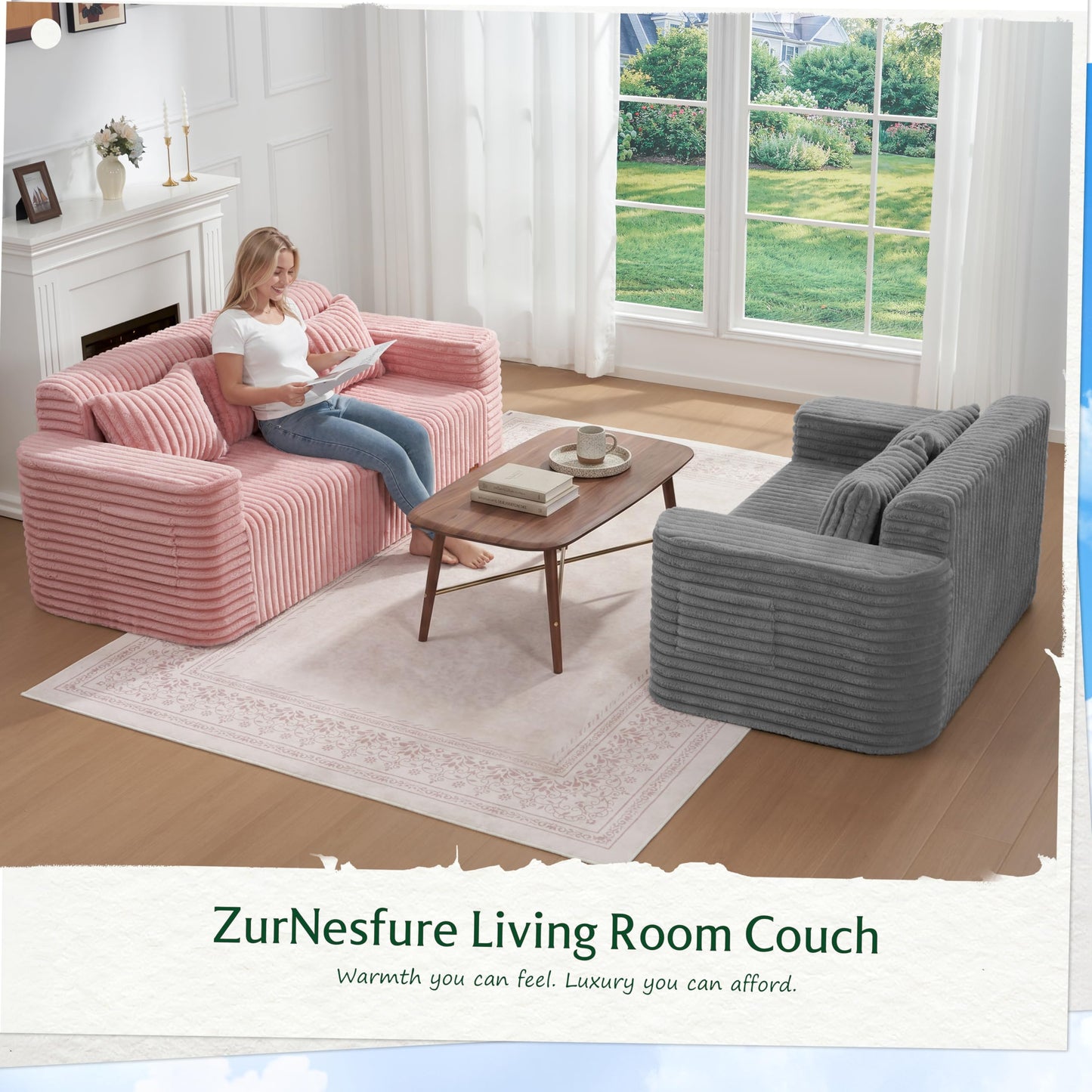 ZurNesfure Sofa Couch Cloud Loveseat, Memory Foam Couch with Pillow No Assembly Need, Modern Couch with deep seat and Washable Cover Boneless Sofas for Living Room Bedroom Apartment (Grey,Loveseat)