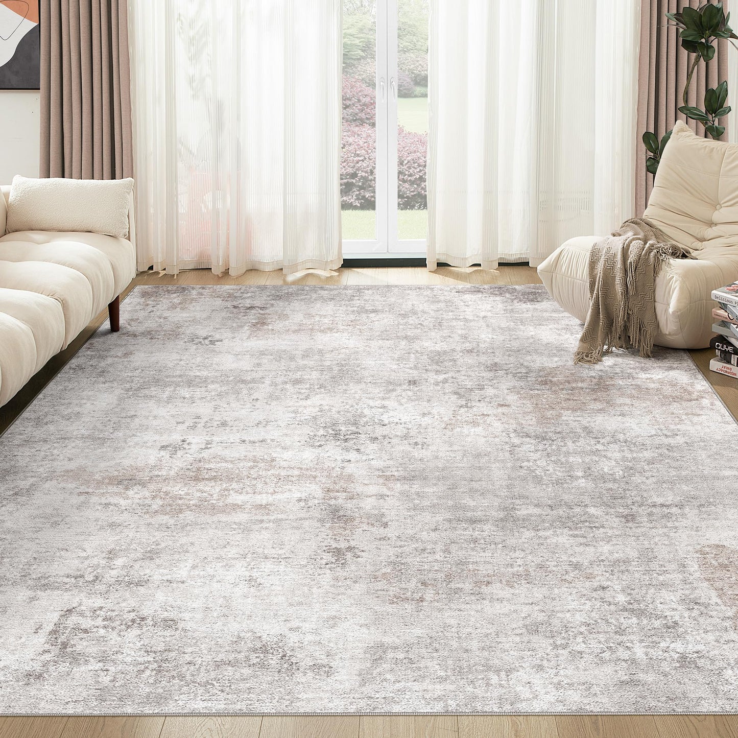 TARANCH Abstract 10x14 Area Rug: Machine Washable Non Slip Ultra Thin Low-Pile Carpet, Soft Stain Resistant for Living Dining Room Bedroom, Kid Pet Friendly, Robot Vacuum Compatible - Brown Grey