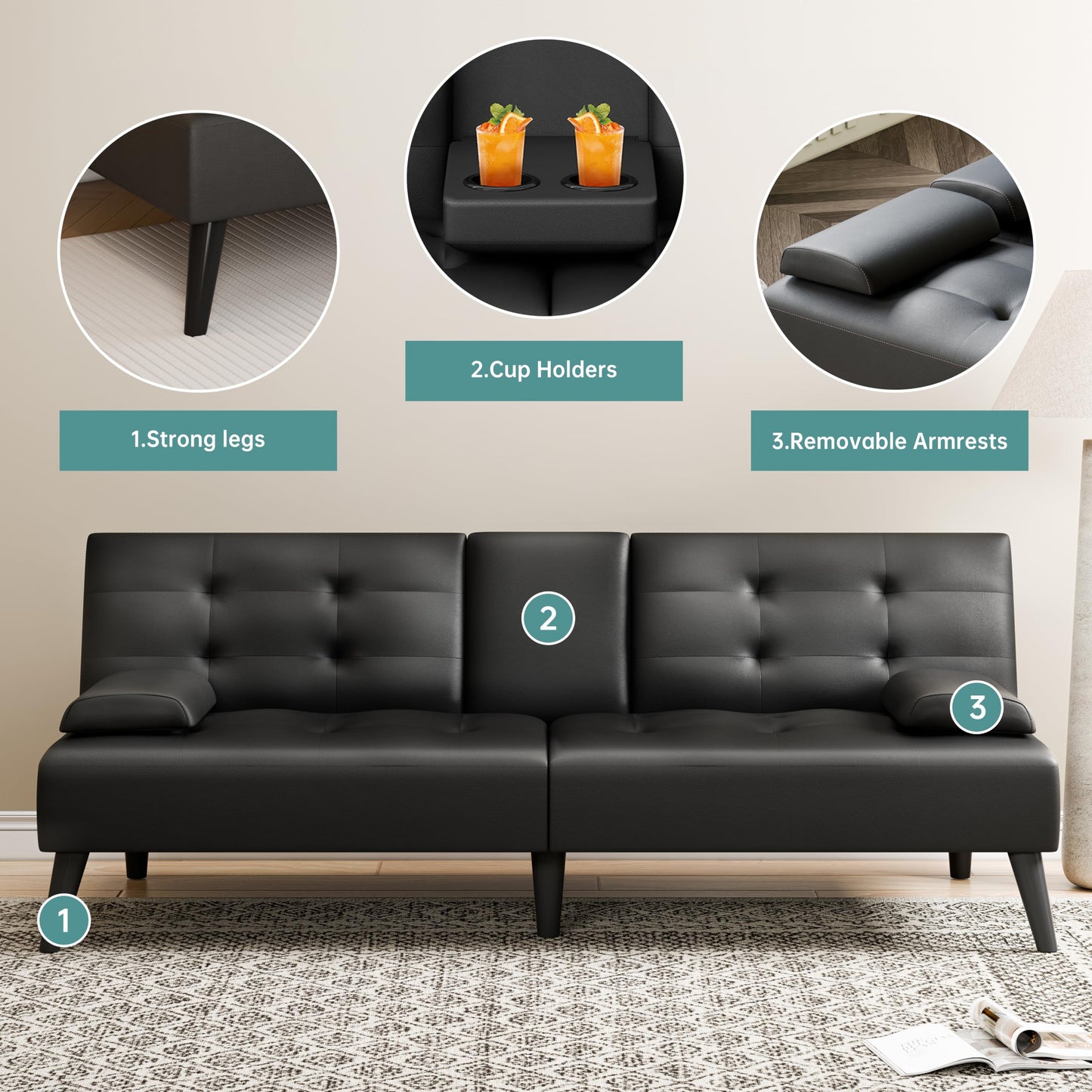 Meilocar 64" Futon Sofa Bed, Small Loveseat with 2 Cup Holders, Small Couch with 3 Adjustable Angles & Removable Armrest, Modern Sleeper Sofa for Small Space (PU Leather, Black)