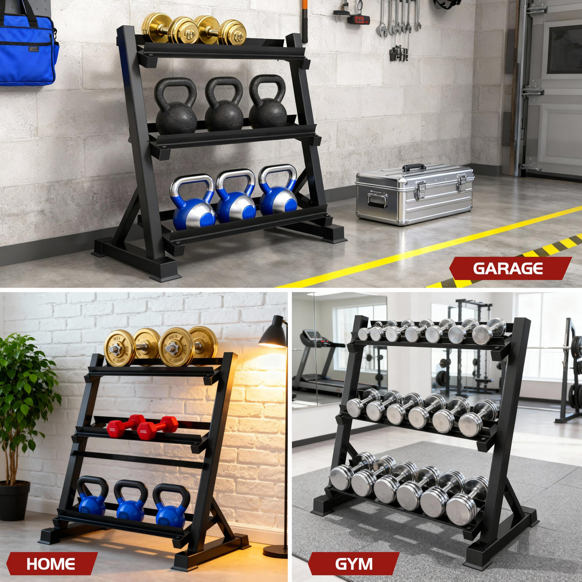 3-Tier Dumbbell Rack Multilevel Weight Storage Organizer for Home Gym, Weight Rack for Dumbbells, Kettlebells, 1200LBS(Rack Only)