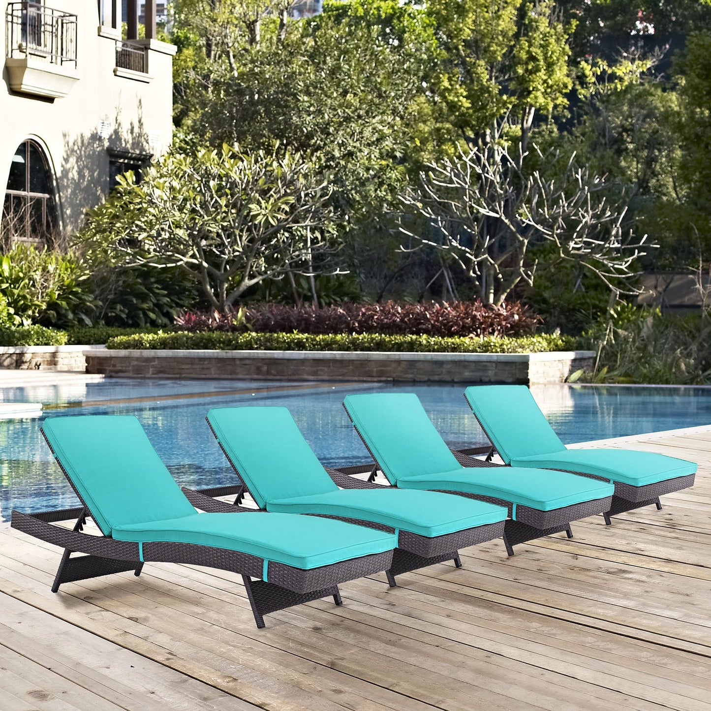 Modway Convene Wicker Rattan Outdoor Patio Chaise Lounge Chairs in Espresso Turquoise - Set of 4