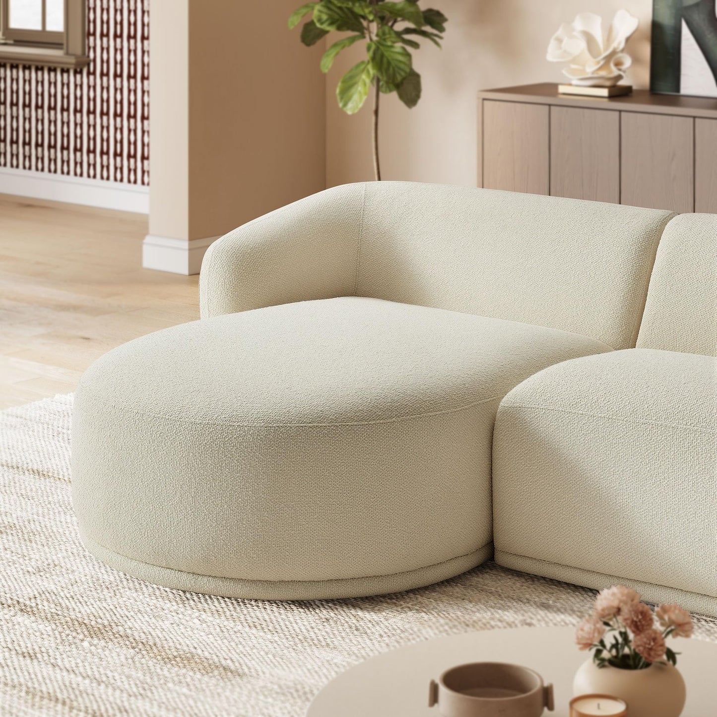 Modway Monica Left Facing Sectional with Chaise in Cream – Comfortable Low Profile 2-Piece Boucle Fabric Modular Sofa for Living Room, Bedroom, Or Apartment