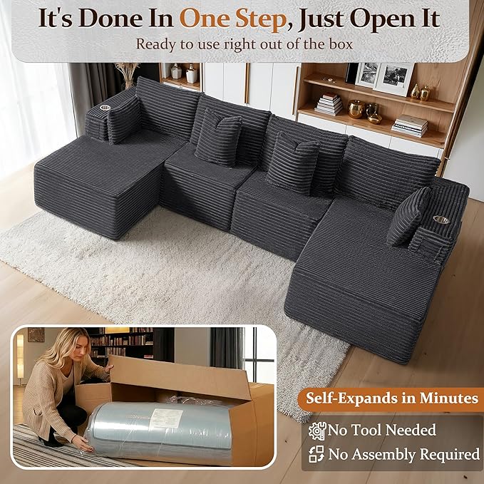 138" Cloud Sectional Couch, Comfort U Shaped Sofa