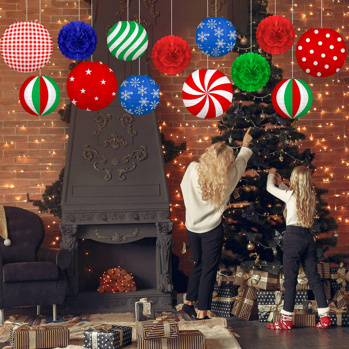 Renbuzhu 13PCS Christmas Decorations Ornaments Set – 9 Red Green Blue Hanging Paper Lanterns, 4 Pom Poms for Indoor, Home, Xmas Party, Porch Decor