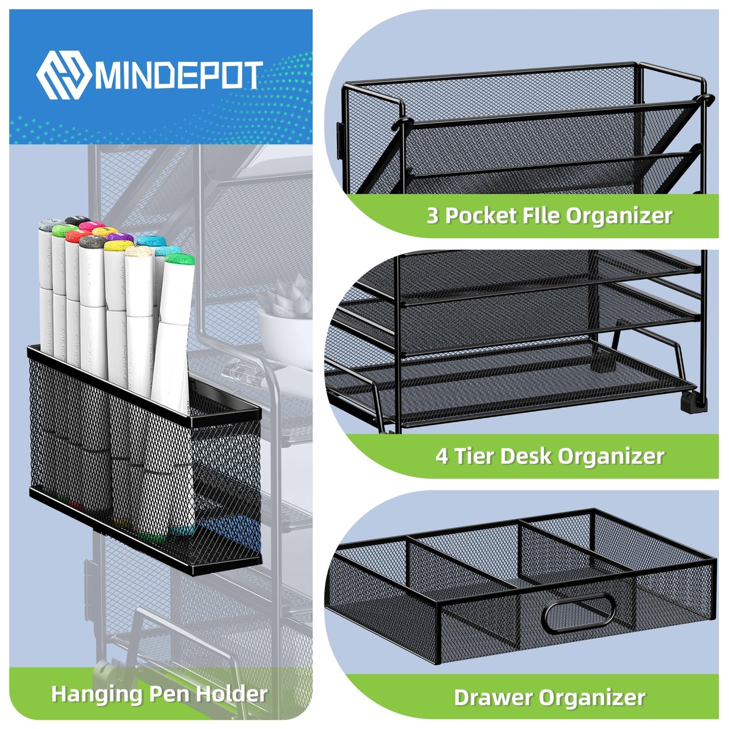 MINDEPOT 4-Tier Paper Organizer + 3-Pocket File Holder, Desktop File Organizers Paper Tray for Office School Classroom Workspace Organization (Black Desk Organizer)