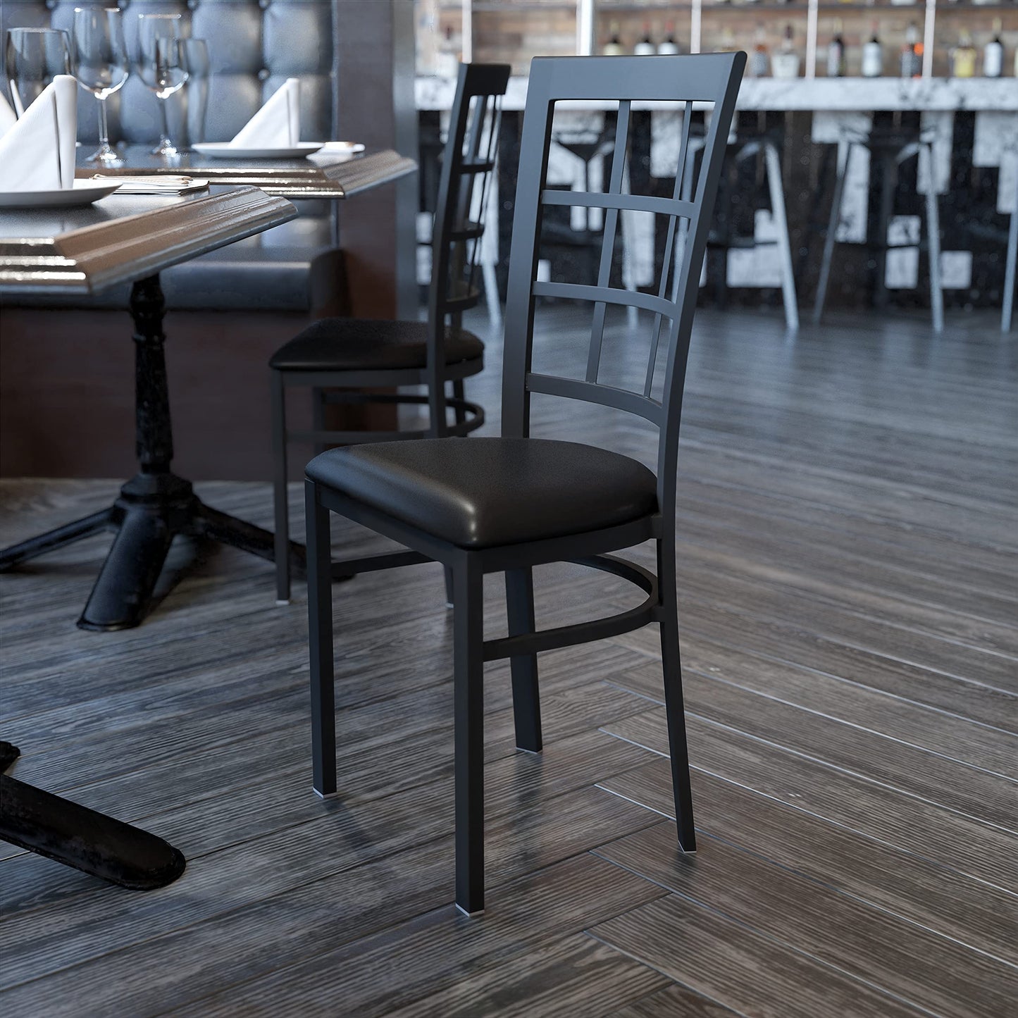 Flash Furniture 4 Pack HERCULES Series Black Window Back Metal Restaurant Chair - Black Vinyl Seat