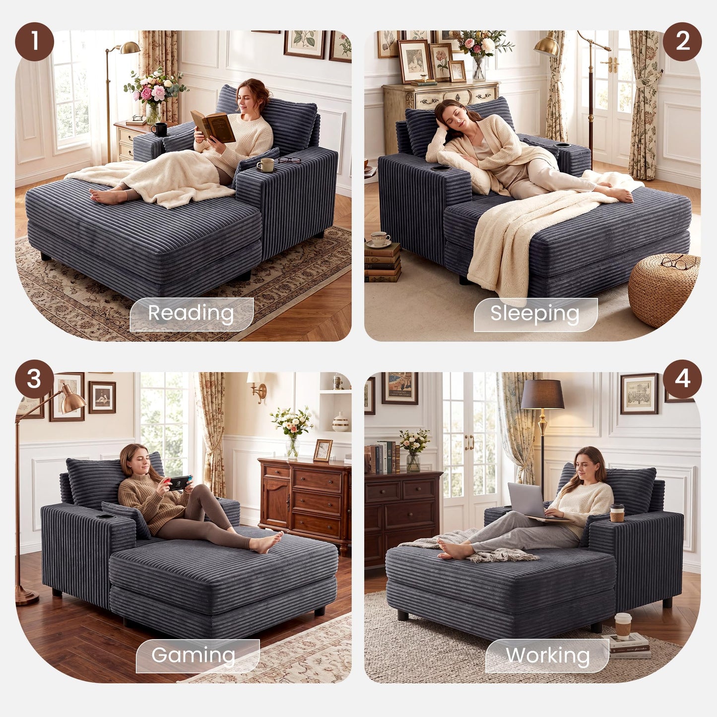 GRUSIGN 64" Chaise Lounge Chair Indoor, Oversized Sleeper Chair with Wood Frame, Corduroy Bedroom Couch, Reading Chair for Living Room, Deep Seat Sofa Bed with 2 Cup Holders