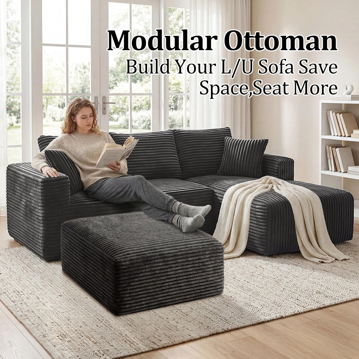 Corduroy Ottoman, Modern Boneless Cloud Foot Rest Foam Support, Oversized Modular Sectional Sofa Stool for Living Room, Bedroom & Small Spaces, No Assembly Required (Drak Gray, Ottoman)