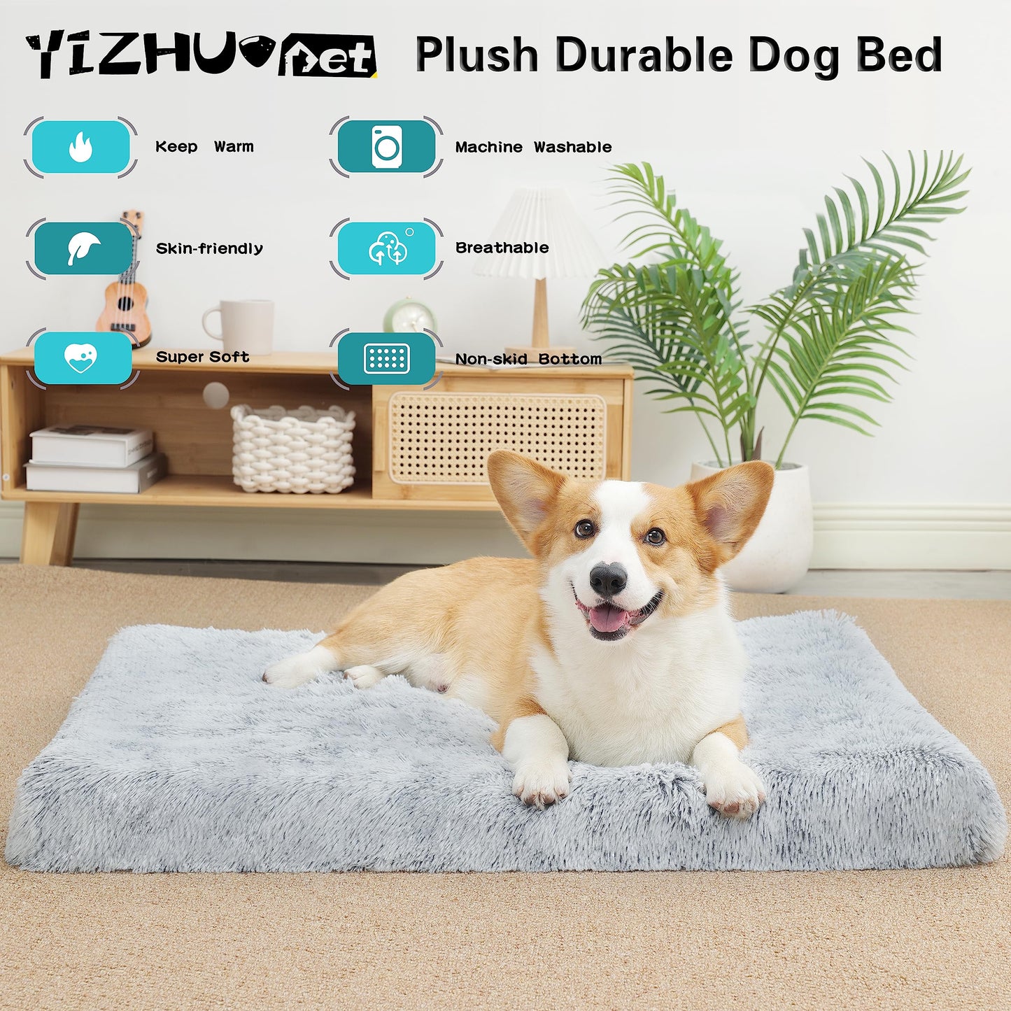 YIZHUOPET Orthopedic Long Plush Cover Dog Bed,Medium L Sized Dog 36''X27''x3'' Soft Waterproof Egg Foam Pet Crate Beds Mat or Kennel Pads with Removable Washable Cover,Non-Slip Bottom,Light Grey