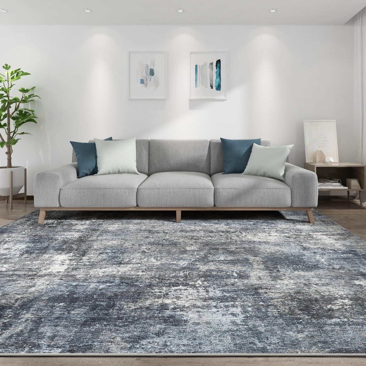 TARANCH Abstract 10x14 Area Rug: Machine Washable Non Slip Ultra Thin Low-Pile Carpet, Soft Stain Resistant for Living Dining Room Bedroom, Kid Pet Friendly, Robot Vacuum Compatible - Dark Grey/Blue