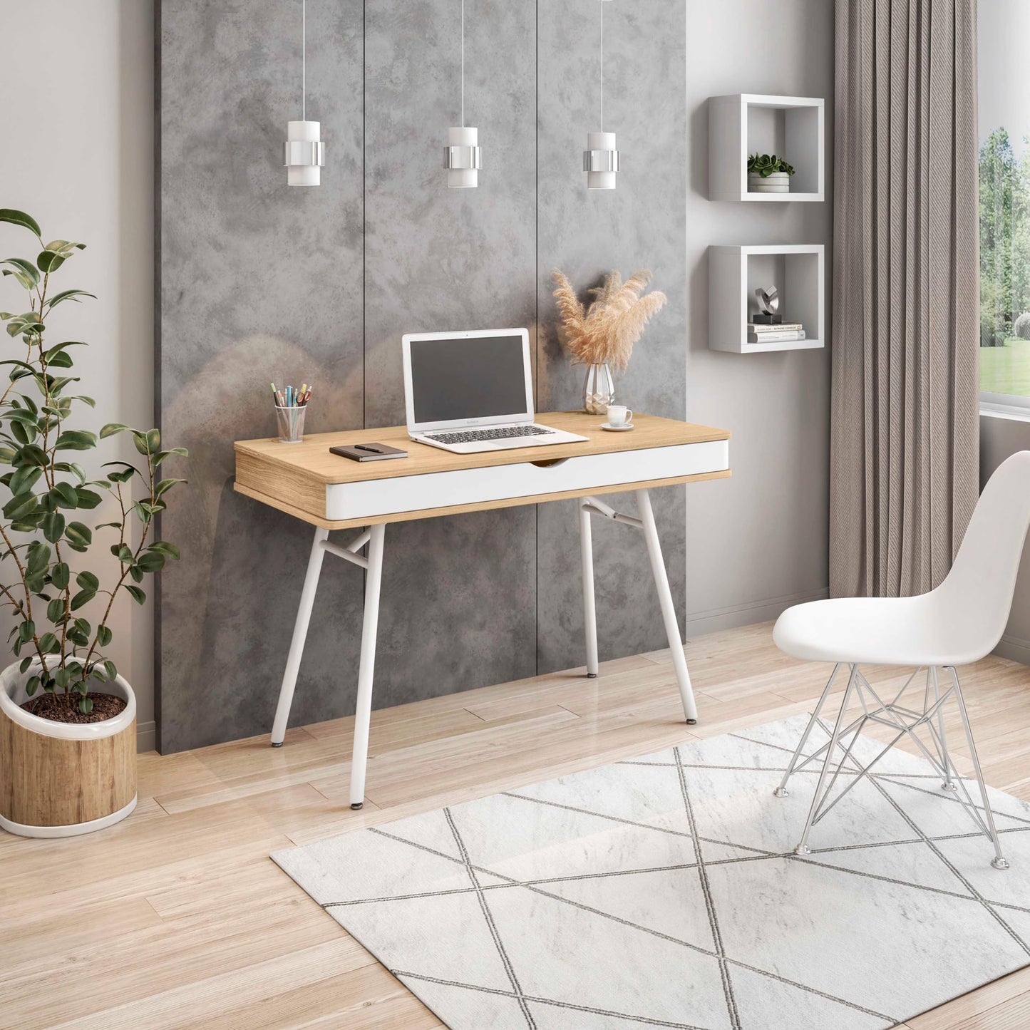Techni Mobili Modern Multi Computer Desk with Storage, 30" x 21.7" x 45.3", Pine