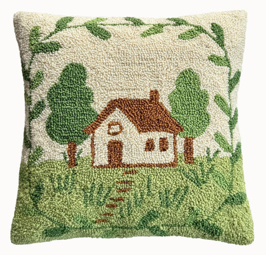 EZ.enjoy Hand Hooked Throw Pillow Cover 16x16 Inch, Cottage Tree Scene Decorative Pillowcase with Zipper, Velveteen Back Farmhouse Cottagecore Cushion Cover for Couch Bed Sofa